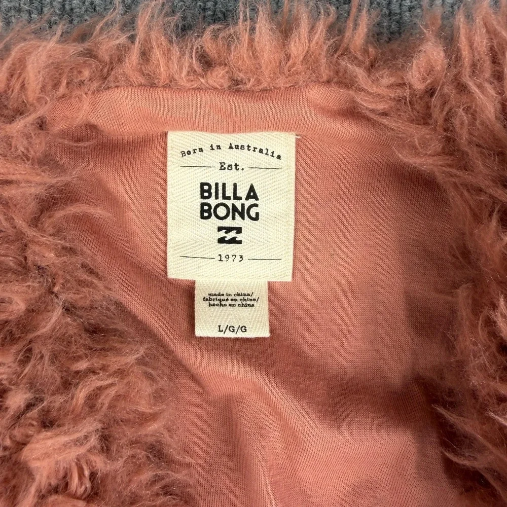 Billabong Jacket Womens Large Pink‎ Faux Fur Shaggy Cropped Open Front Lined